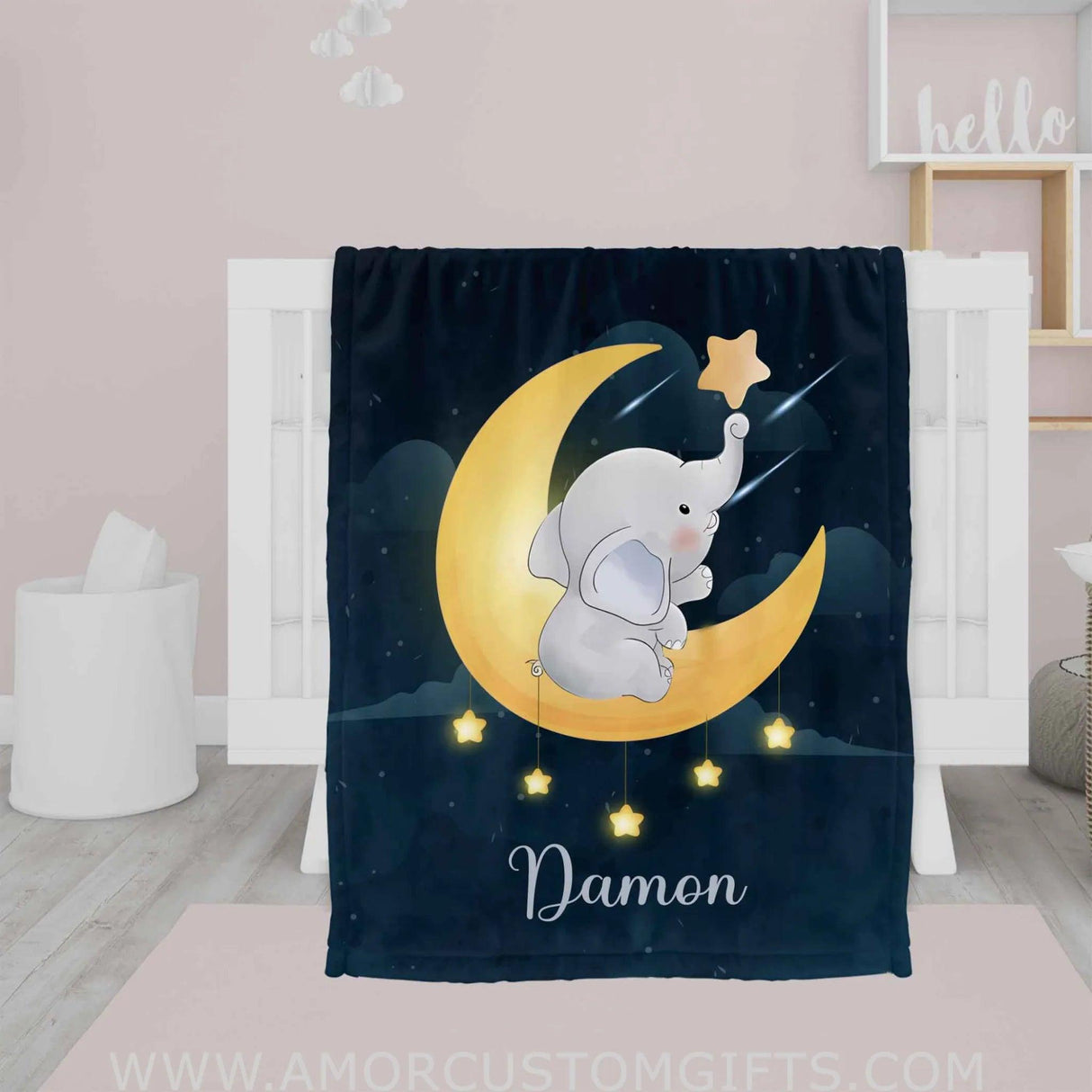 Blankets Personalized Name Baby Elephant Moon Navy Girl Boy Blanket