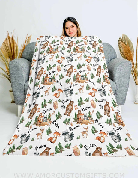 Blankets Personalized Name Baby Woodland Bear Green Baby Boy Girl Blanket