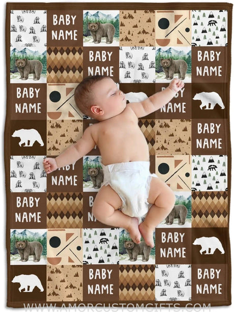 Blankets Personalized Name Bear Baby Blanket - Woodland Custom Nursery Blanket - Fleece Blanket for Baby Boy - Woodland Baby Blanket for Boys Girls