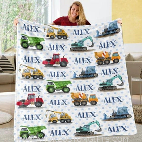 Blankets USA MADE Personalized name Construction baby blanket, Cartoon Truck Flannel Fleece Blanket, gift for Baby, Kids, Youth