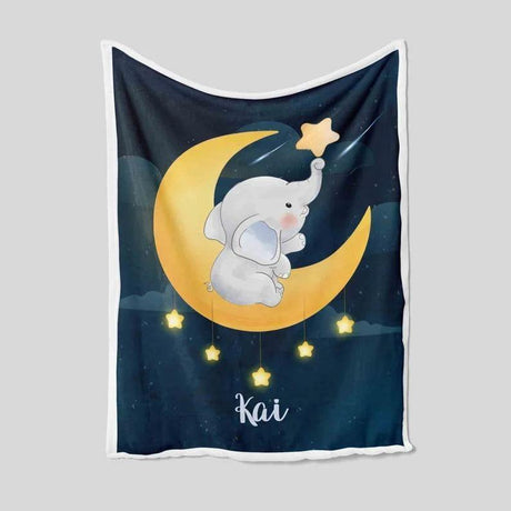 Blankets USA MADE Personalized Name Elephant Moon Blanket, Best Gift for Baby, Newborn