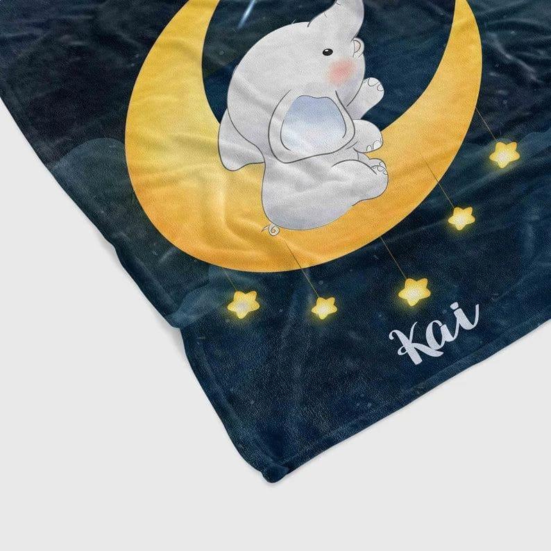 Blankets USA MADE Personalized Name Elephant Moon Blanket, Best Gift for Baby, Newborn