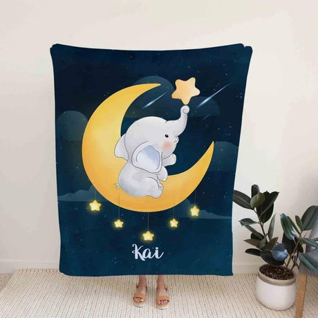 Blankets USA MADE Personalized Name Elephant Moon Blanket, Best Gift for Baby, Newborn