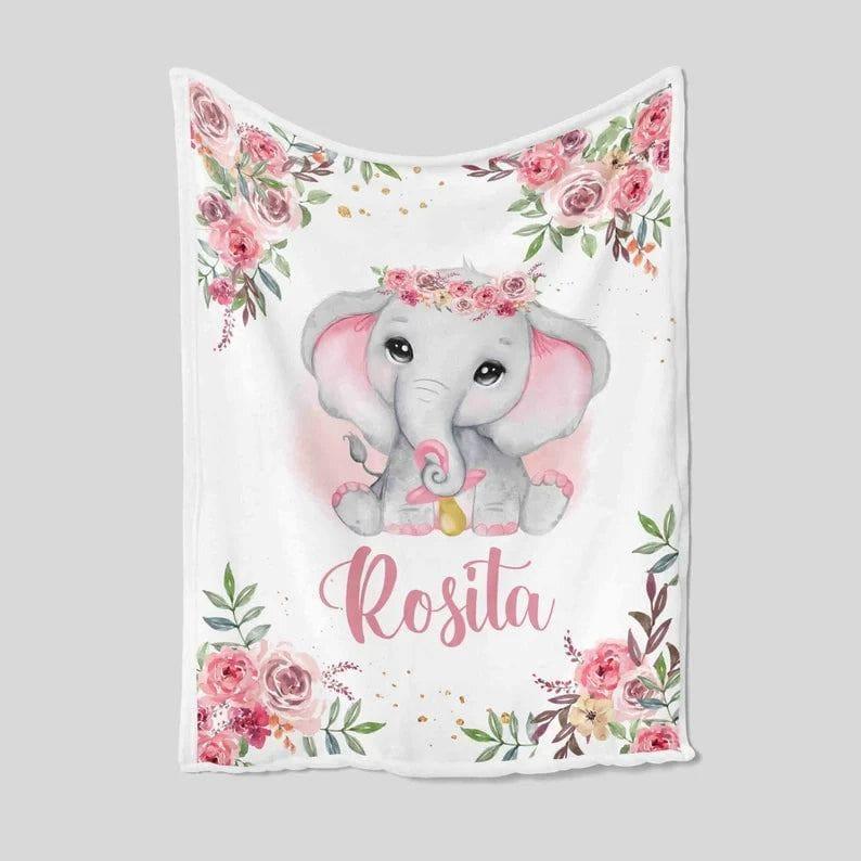 Blankets Personalized Name Elephant Rose Blanket, Best Gift for Baby, Newborn Plush Fleece