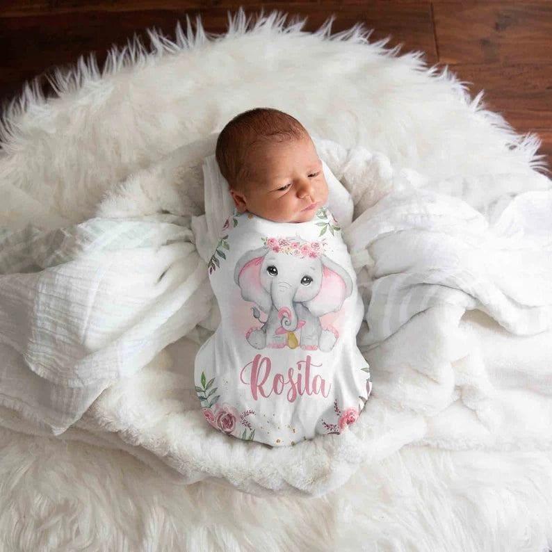 Blankets Personalized Name Elephant Rose Blanket, Best Gift for Baby, Newborn Plush Fleece