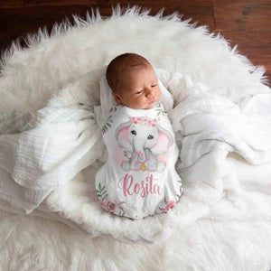 Blankets Personalized Name Elephant Rose Blanket, Best Gift for Baby, Newborn Plush Fleece