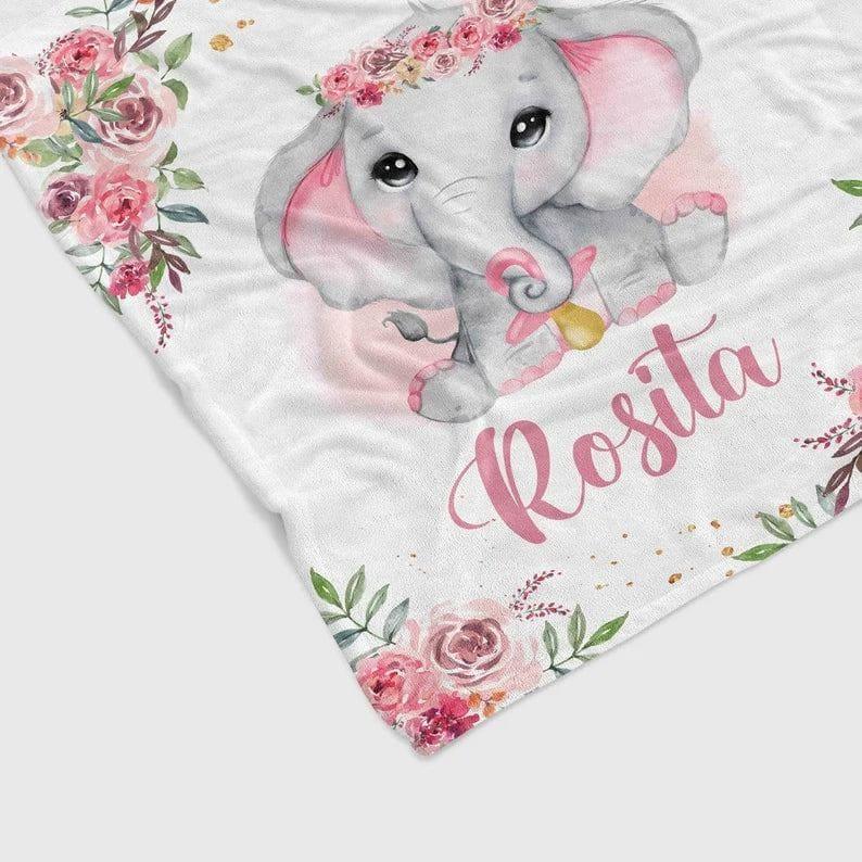 Blankets Personalized Name Elephant Rose Blanket, Best Gift for Baby, Newborn Plush Fleece