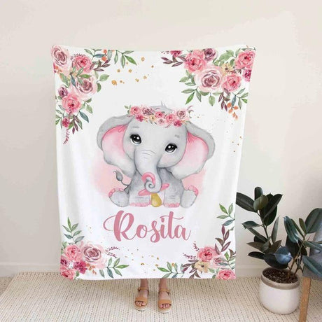 Blankets Personalized Name Elephant Rose Blanket, Best Gift for Baby, Newborn Plush Fleece