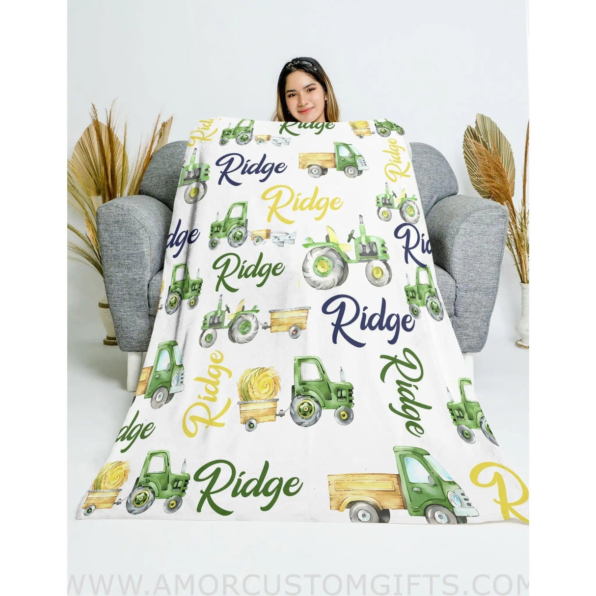 Blankets Personalized Name Green Tractor Blanket