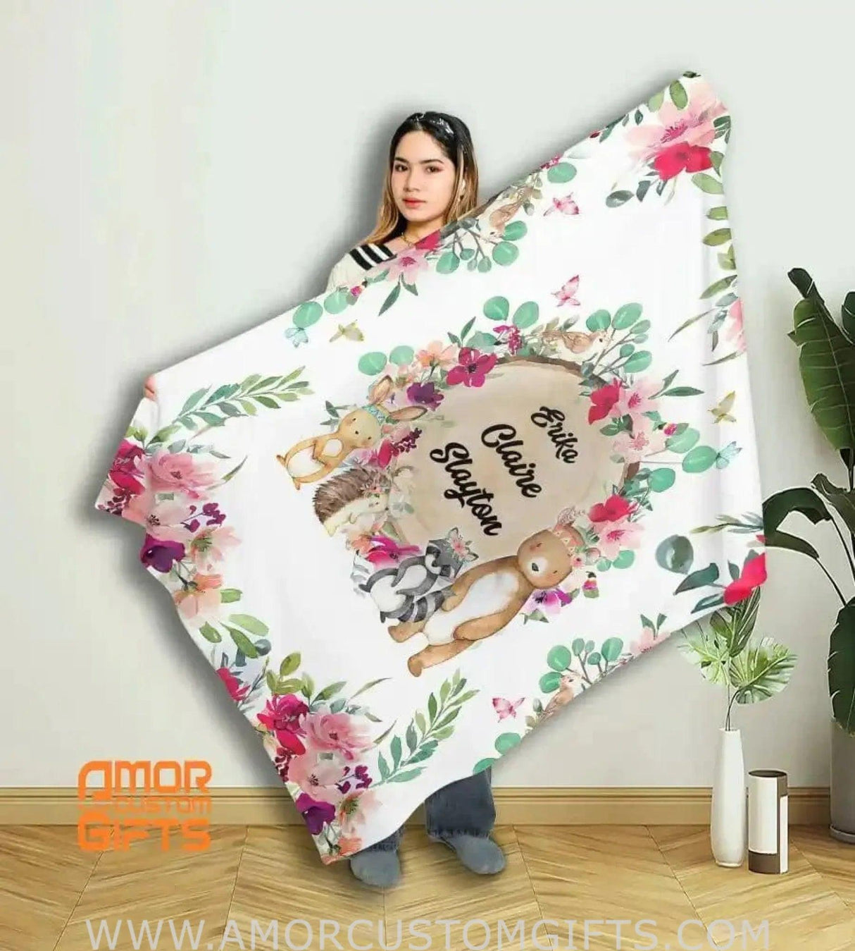 Blankets USA MADE Personalized Name Tribal Woodland Animals Girl Blanket