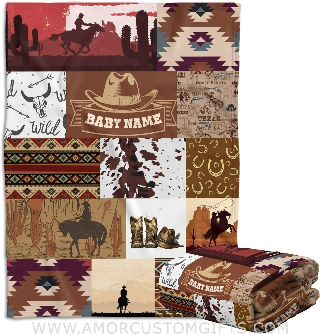 Blankets Personalized Name Western Baby Blanket,  Cowboy Baby Blankets, Cowboy Patterns Soft Fleece Blanket