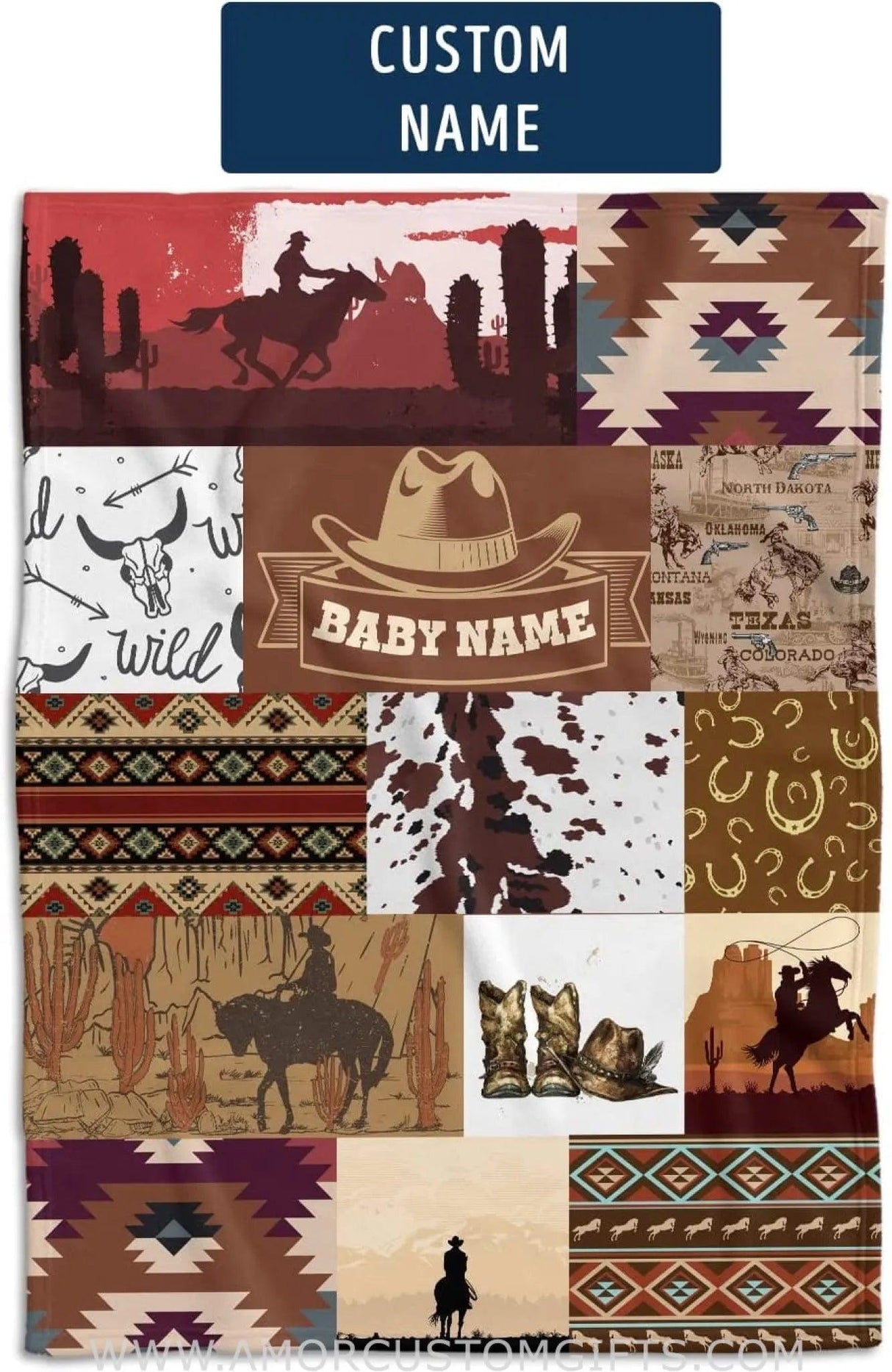 Blankets Personalized Name Western Baby Blanket,  Cowboy Baby Blankets, Cowboy Patterns Soft Fleece Blanket