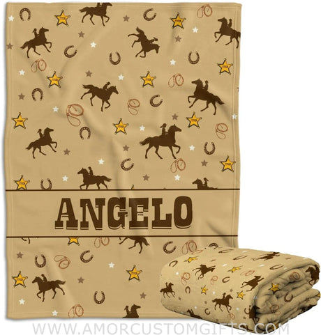 Blankets Personalized Name Wild West Baby Boy Swaddle Blanket, Cowboy Baby Blankets, Horse Patterns Soft Fleece Blanket