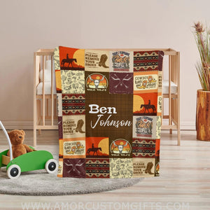 Blankets Personalized Name  Wild West Cowboy Baby Boy Swaddle Blanket, Western Baby Blanket Name Boy, Horse Soft Fleece Blanket