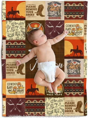 Blankets Personalized Name  Wild West Cowboy Baby Boy Swaddle Blanket, Western Baby Blanket Name Boy, Horse Soft Fleece Blanket