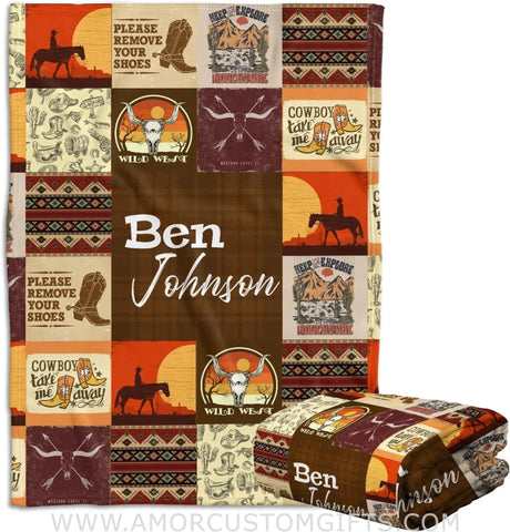 Blankets Personalized Name  Wild West Cowboy Baby Boy Swaddle Blanket, Western Baby Blanket Name Boy, Horse Soft Fleece Blanket