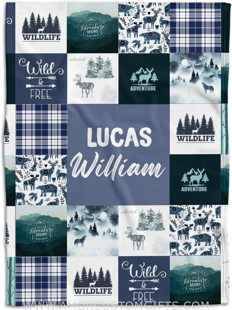 Blankets Personalized Name Woodland Baby Blanket Boy, Blue Adventure Fleece Blanket, Baby Boy Blanket Name for Newborn