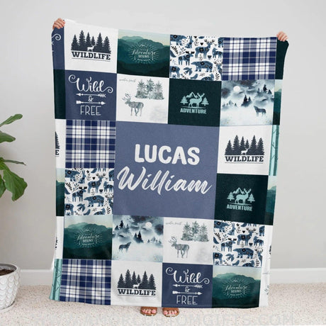 Blankets Personalized Name Woodland Baby Blanket Boy, Blue Adventure Fleece Blanket, Baby Boy Blanket Name for Newborn