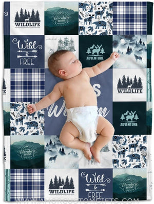 Blankets Personalized Name Woodland Baby Blanket Boy, Blue Adventure Fleece Blanket, Baby Boy Blanket Name for Newborn