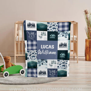 Blankets Personalized Name Woodland Baby Blanket Boy, Blue Adventure Fleece Blanket, Baby Boy Blanket Name for Newborn