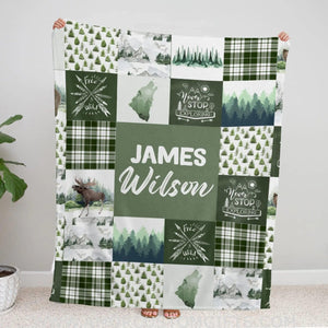 Blankets USA MADE Personalized Name  Woodland Pattern baby Blanket, Woodland Baby Blanket Boy, Boy Green Fleece Blanket