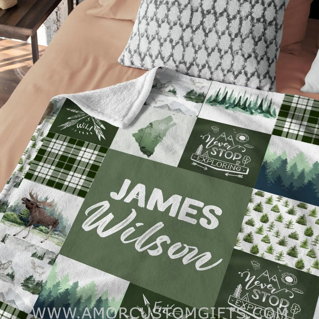 Blankets USA MADE Personalized Name  Woodland Pattern baby Blanket, Woodland Baby Blanket Boy, Boy Green Fleece Blanket