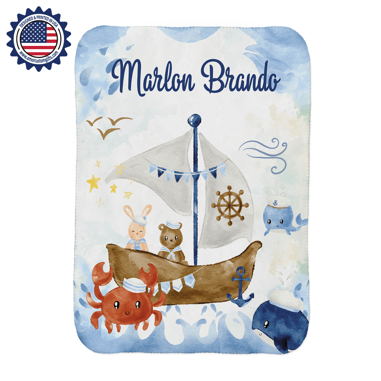 Blankets Personalized Nautica Marine Life Blanket, Custom Name Baby Boys Blanket, Nursery Theme Bedding Tapestry