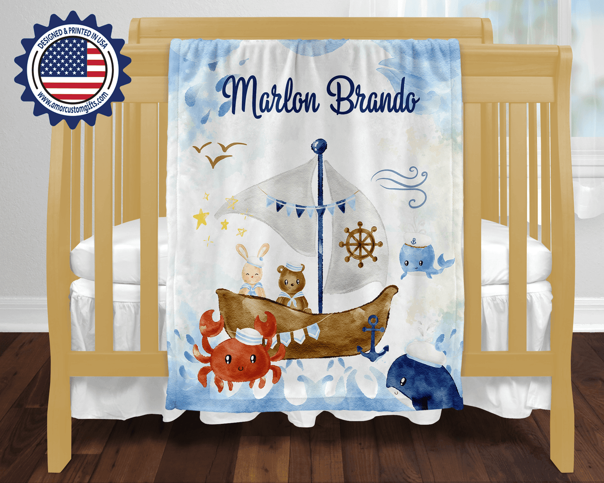 Blankets Personalized Nautica Marine Life Blanket, Custom Name Baby Boys Blanket, Nursery Theme Bedding Tapestry