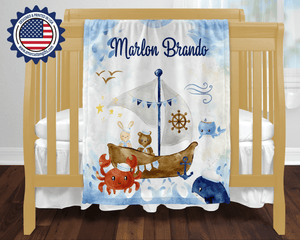 Blankets Personalized Nautica Marine Life Blanket, Custom Name Baby Boys Blanket, Nursery Theme Bedding Tapestry