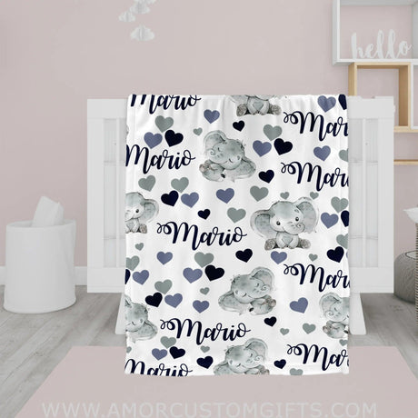 Blankets USA MADE Personalized Navy Heart Elephant Blanket, Navy Heart Elephant Blanket, Baby Woodland Blanket,Woodland Baby Blankets for Boys Girls