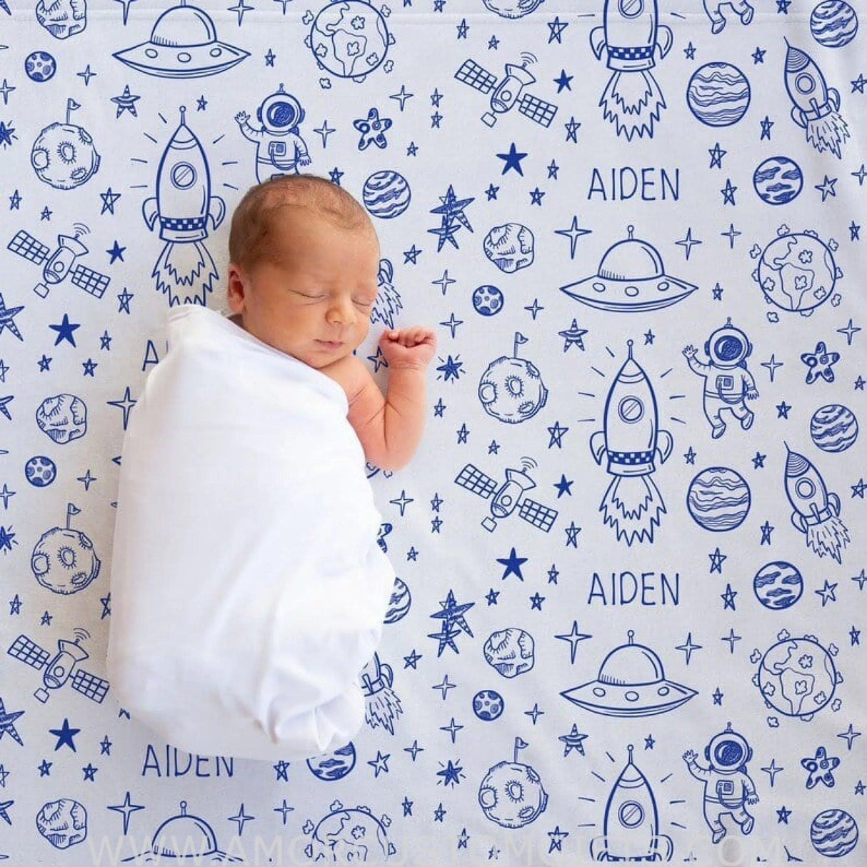 Blankets Personalized Outer Space Baby Blanket, White with Blue Print