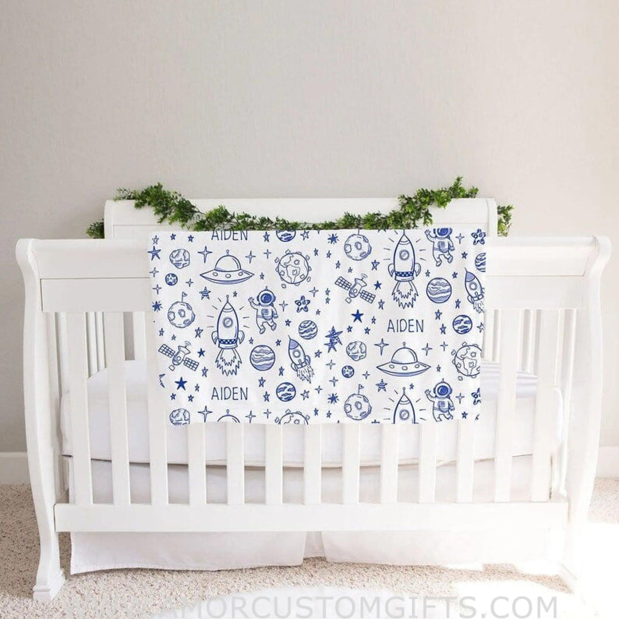 Blankets Personalized Outer Space Baby Blanket, White with Blue Print