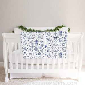 Blankets Personalized Outer Space Baby Blanket, White with Blue Print