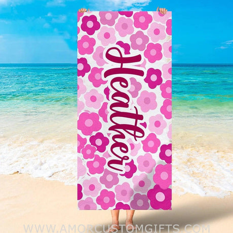 Towels USA MADE Personalized Pink Flower Pattern Beach Towel, Custom Name Beach Towel, Flower Towel for Her