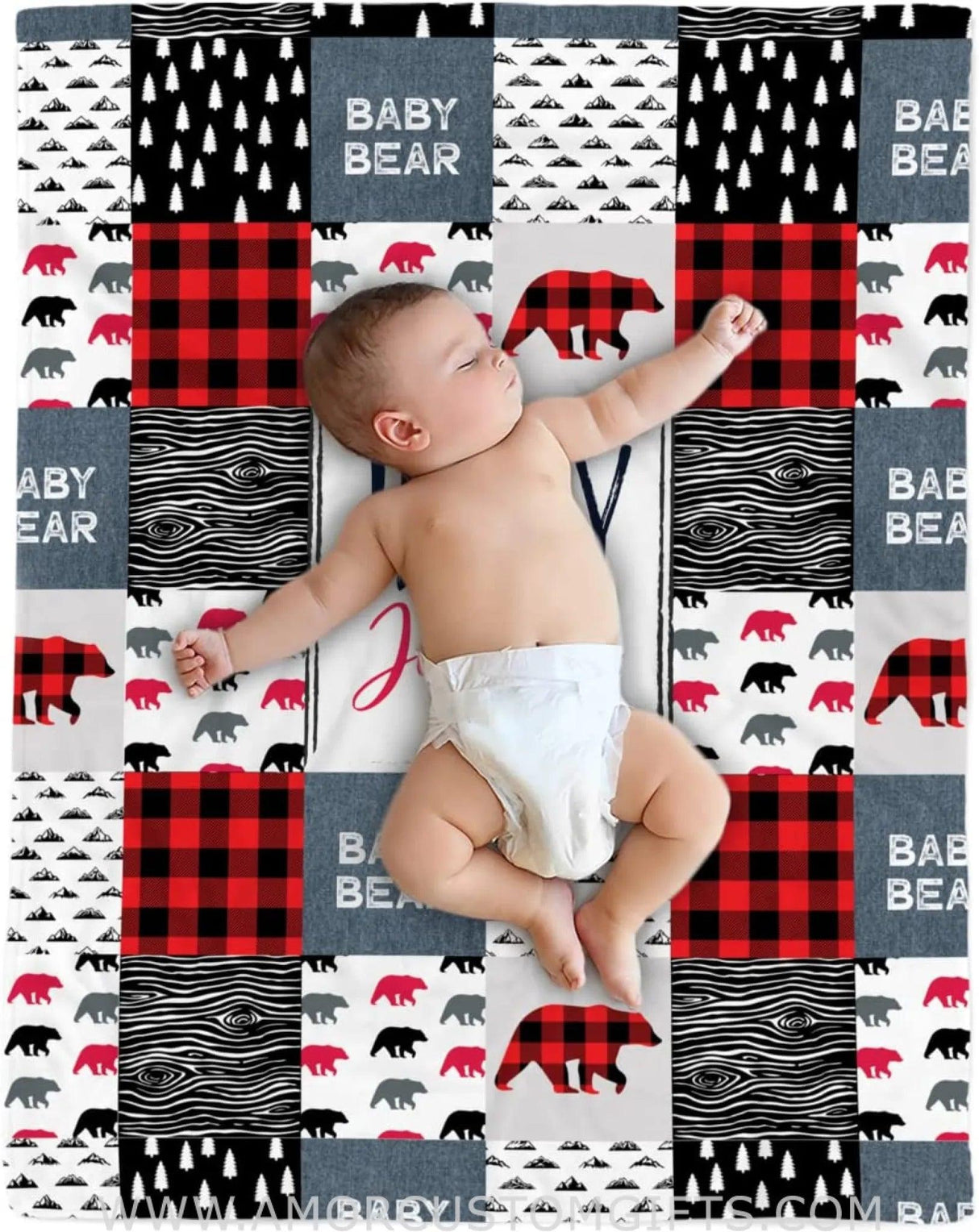 Blankets Personalized Plaid Red Baby Bear Blanket, Baby Boy Blanket Bear, Bear Baby Blankets for Boys, Baby Boy Bear Blanket