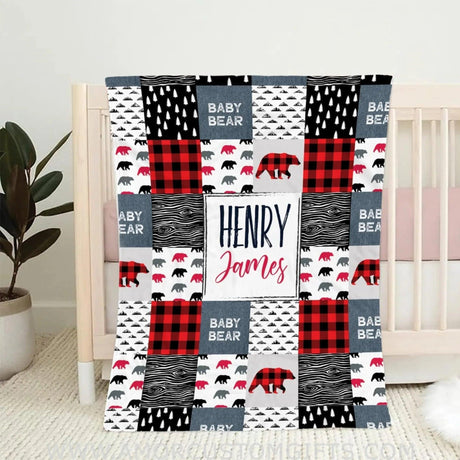 Blankets Personalized Plaid Red Baby Bear Blanket, Baby Boy Blanket Bear, Bear Baby Blankets for Boys, Baby Boy Bear Blanket