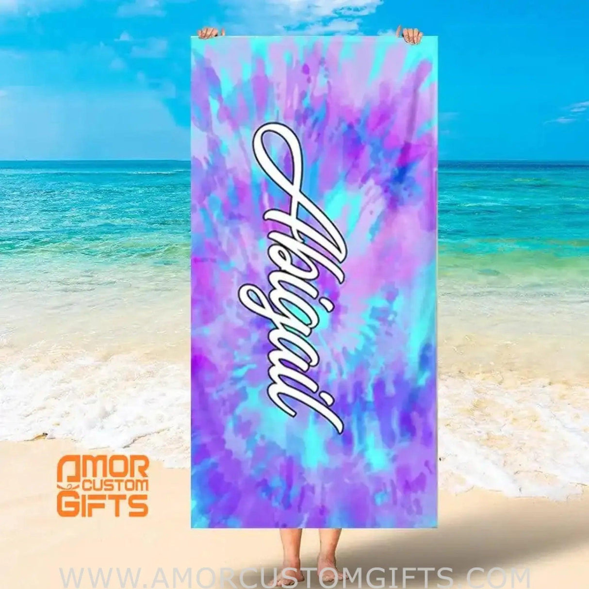 Towels USA MADE Personalized Tie Dye Beach Towel, Best Gift for Men Women in Summer, Custom Name Beach Towel