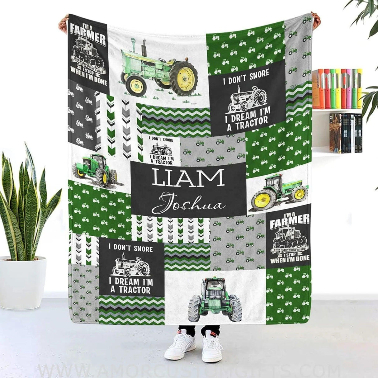 Blankets USA MADE Personalized Tractor Construction Vehicles Collections Gift Kids Infant, Green Tractor Patchwork blanket