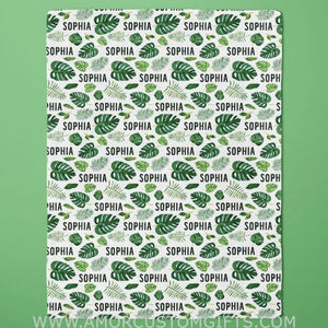 Blankets USA MADE Personalized Tropical Leaves Baby Blanket - Safari Theme - Custom Name - Baby Shower Gift - Gender Neutral Blanket