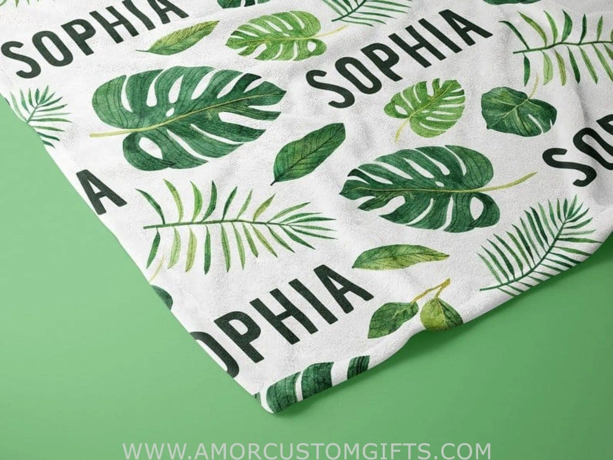 Blankets Personalized Tropical Leaves Baby Blanket - Safari Theme - Custom Name - Baby Shower Gift - Gender Neutral Blanket