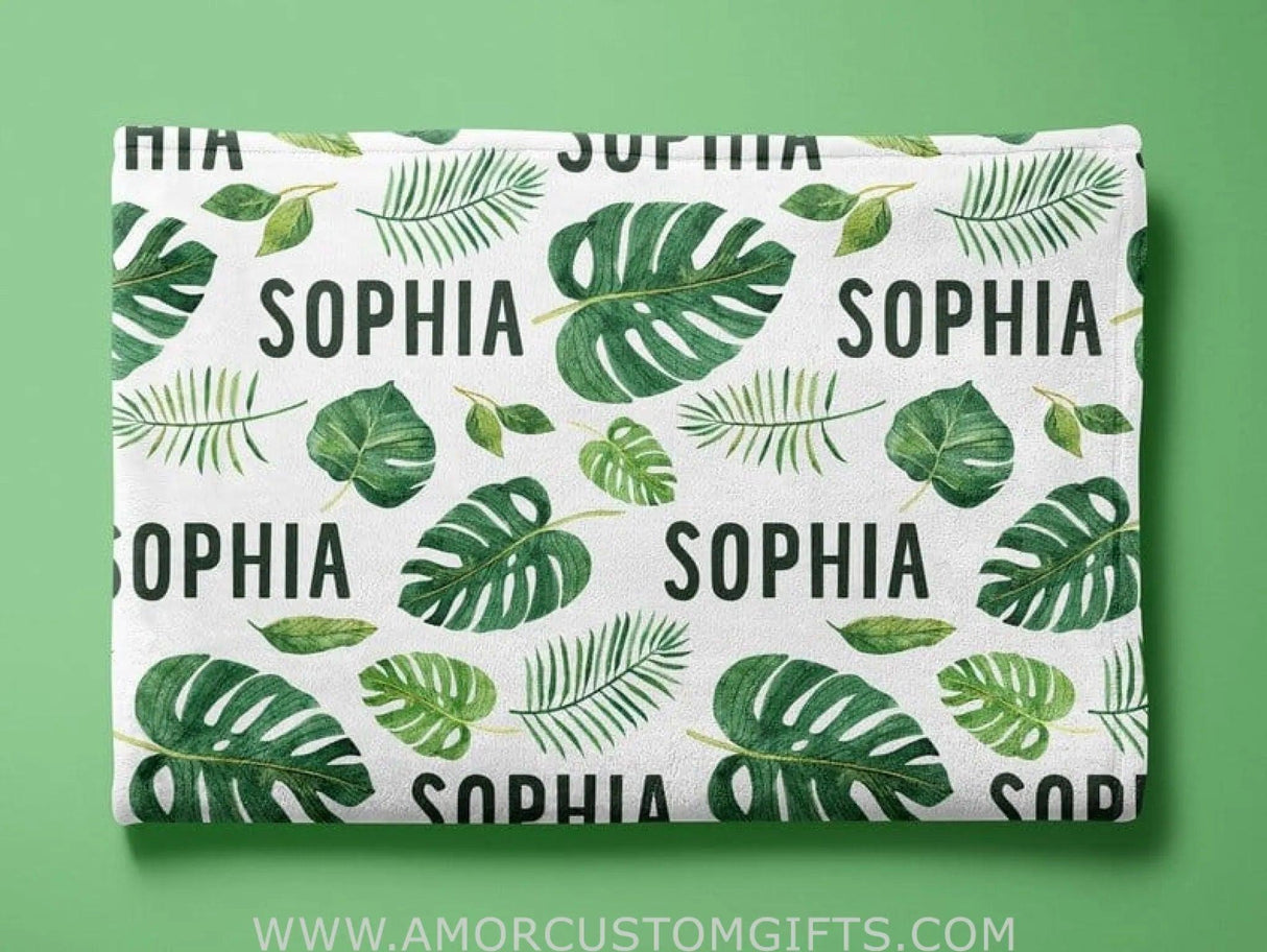 Blankets Personalized Tropical Leaves Baby Blanket - Safari Theme - Custom Name - Baby Shower Gift - Gender Neutral Blanket