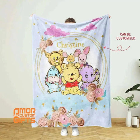 Blankets Personalized Winne The Pooh Baby Blanket | Custom Name Winnie Pooh Bear Baby Nursery Bedding