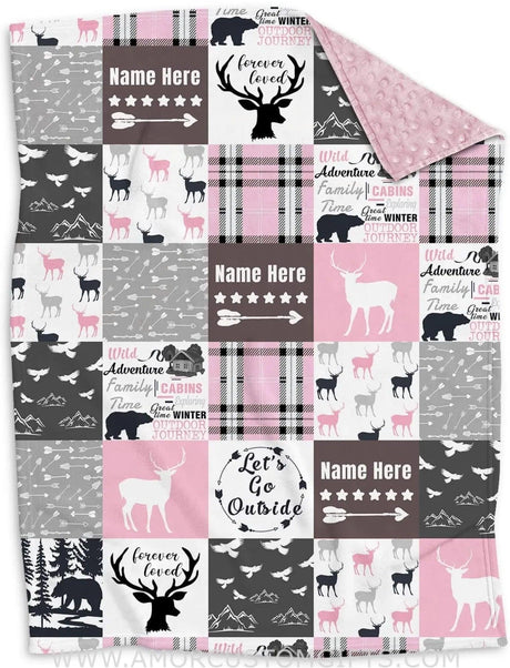 Blankets USA MADE Personalized Woodland Baby Girls Blanket | Custom Name Pink Moose, Bear Kids Blanket Woodland Nursery Theme