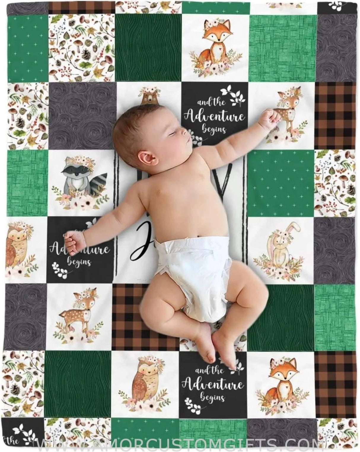 Blankets USA MADE Personalized Woodland Blanket, Greenery Woodland Animals Blanket, Baby Boy Woodland Blanket