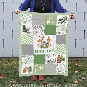 Blankets USA MADE Personalized Woodland Blanket, Light Woodland Animals Blanket, Baby Boy Woodland Blanket