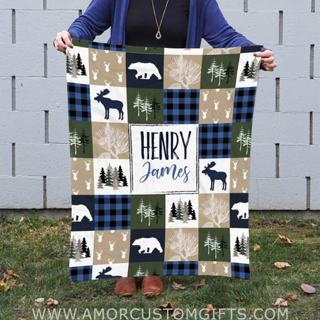 Blankets Personalized Woodland Blanket, Navy Greenery Woodland Animals Blanket, Baby Boy Woodland Blanket