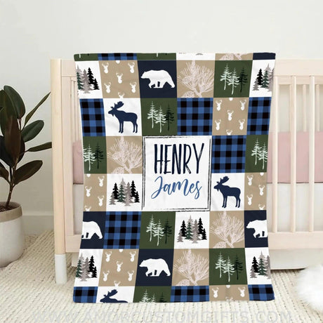 Blankets USA MADE Personalized Woodland Blanket, Navy Greenery Woodland Animals Blanket, Baby Boy Woodland Blanket