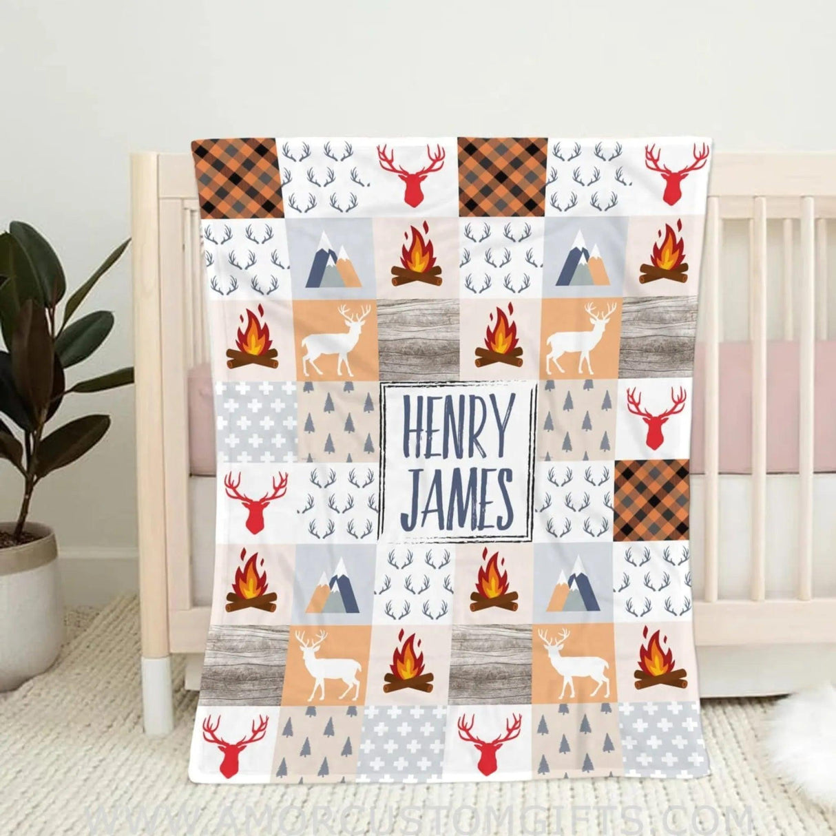 Blankets Personalized Woodland Blanket,Camper Woodland Animals Blanket,Baby Boy Woodland Blanket