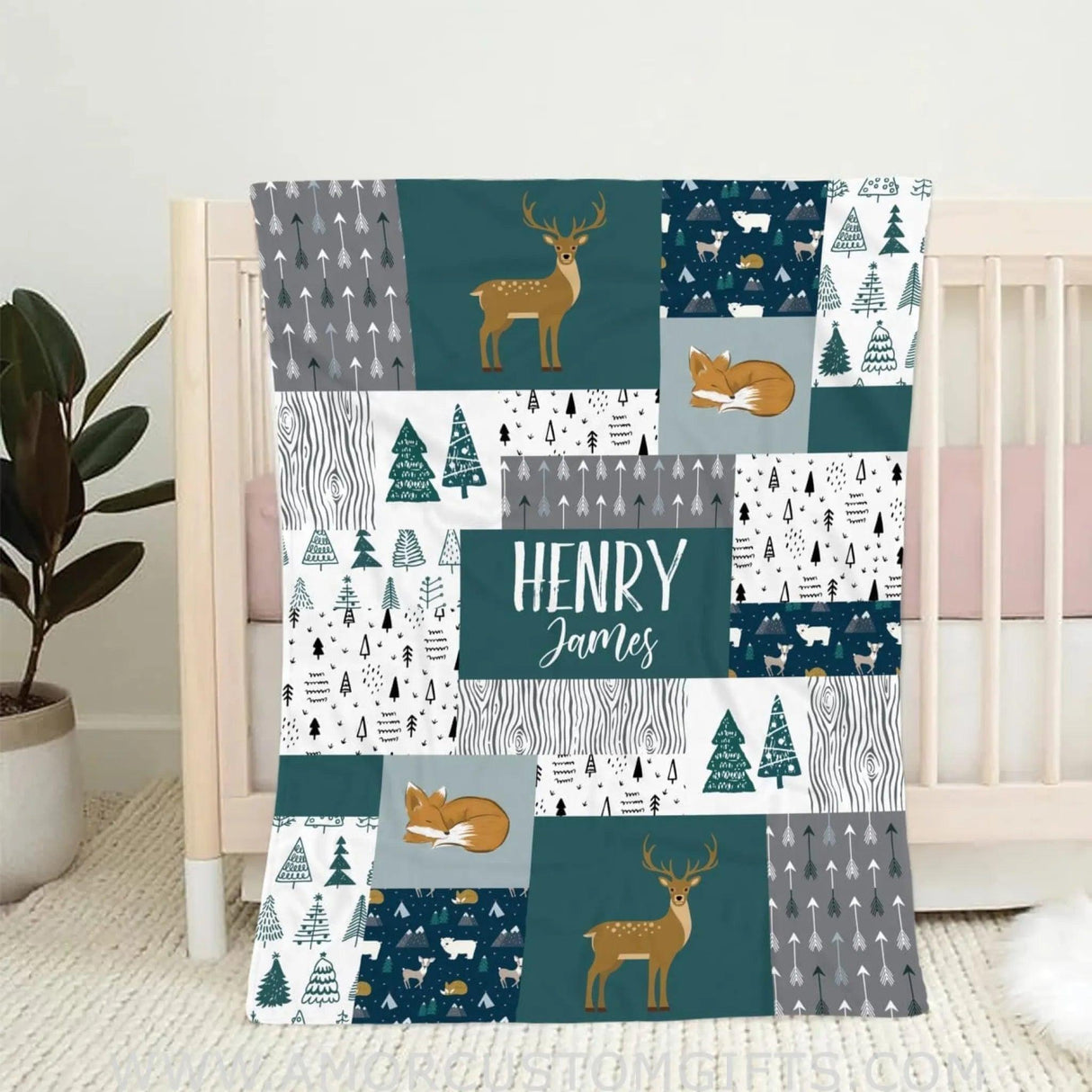 Blankets USA MADE Personalized Woodland Blanket,Tree Woodland Animals Blanket,Baby Boy Woodland Blanket,Woodland Baby Blankets for Boys