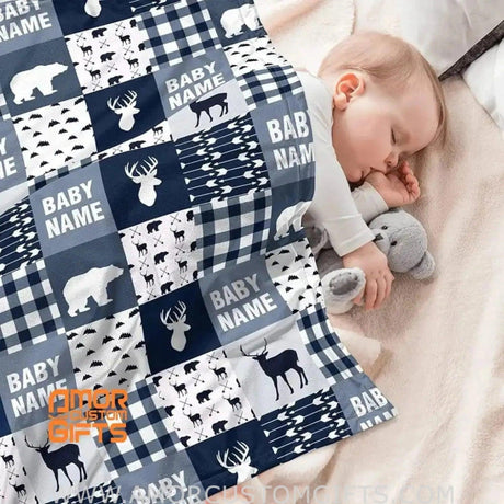 Blankets Personalized Woodland Deer Blanket | Custom Name Navy Patchwork Kids Blanket Woodland Nursery Theme